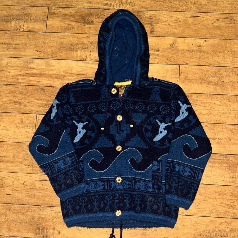Vintage Surfshaman Hooded Sweater Blue 100% Orlon Wool Knitted Sweater S 19x24